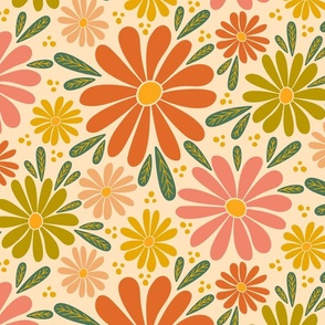 Bold Botanical - Whimsical Wildflowers - Retro 60s Boho Tan + Orange + Blush - JUMBO