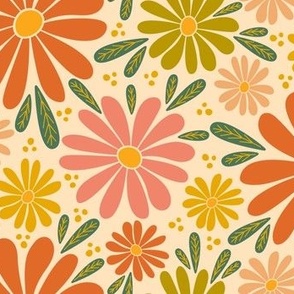 Bold Botanical - Whimsical Wildflowers - Retro 60s Boho Tan + Orange + Blush - MEDIUM