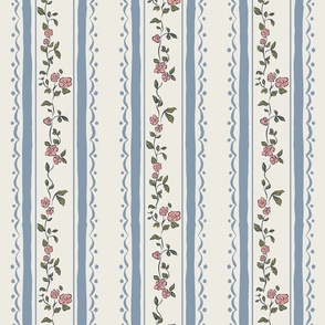 Medium - Vintage Cottagecore Farmhouse with vertical botanical stripes - blue and pink