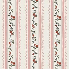 Medium - Vintage Cottagecore Farmhouse with vertical botanical stripes - pink and red