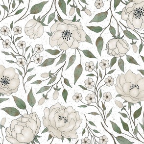  Vintage floral - cream peony garden- textured white background L 