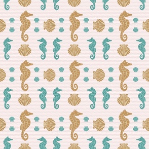 Seahorses, shells and waves - ochre, teal, light pink