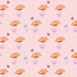 Blossoms & Bees- orange-pink- medium size