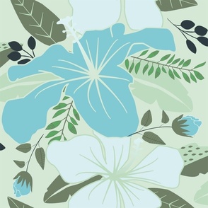 Hibiscus | Floral Earth, Moss | Greens & Blues | Large Scale