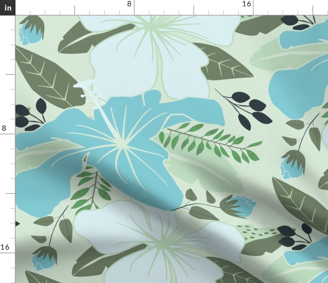 Hibiscus | Floral Earth, Moss | Greens & Blues | Large Scale