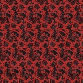 doll scale Dragons and Griffins and Hounds, black on madder-root red