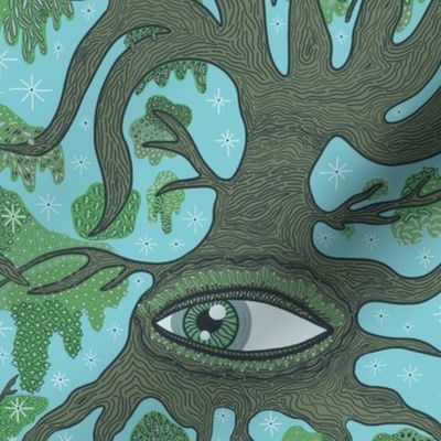 the all-seeing tree, jumbo large scale, turquoise blue olive green khaki dark green forest grey cool gray mint aqua quirky moody whimsical spooky