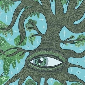 the all-seeing tree, jumbo large scale, turquoise blue olive green khaki dark green forest grey cool gray mint aqua quirky moody whimsical spooky