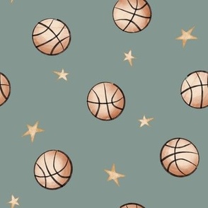 vintage basketballs and stars - dusty green
