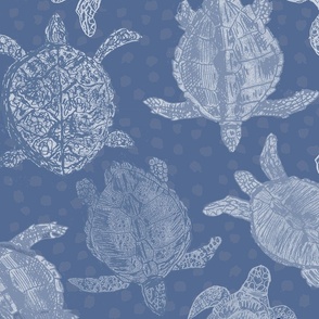 Cotton Quilt Fabric Turtle Bay Starfish Blue White Ocean Nautical