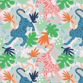 Mini - Dancing Tigers, Colorful jungle tiger print, Modern animal design, Modern tiger fabric and wallpaper