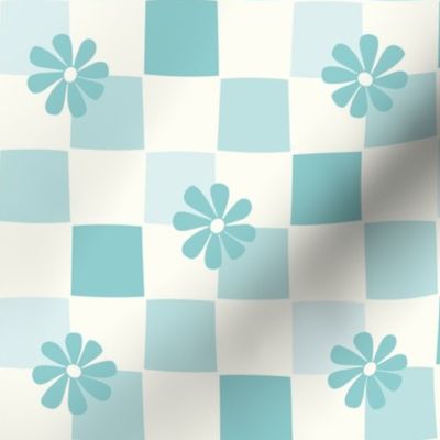Boho Daisy Checkerboard aqua blue and natural white by Jac Slade