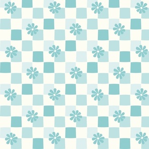 Boho Daisy Checkerboard aqua blue and natural white by Jac Slade