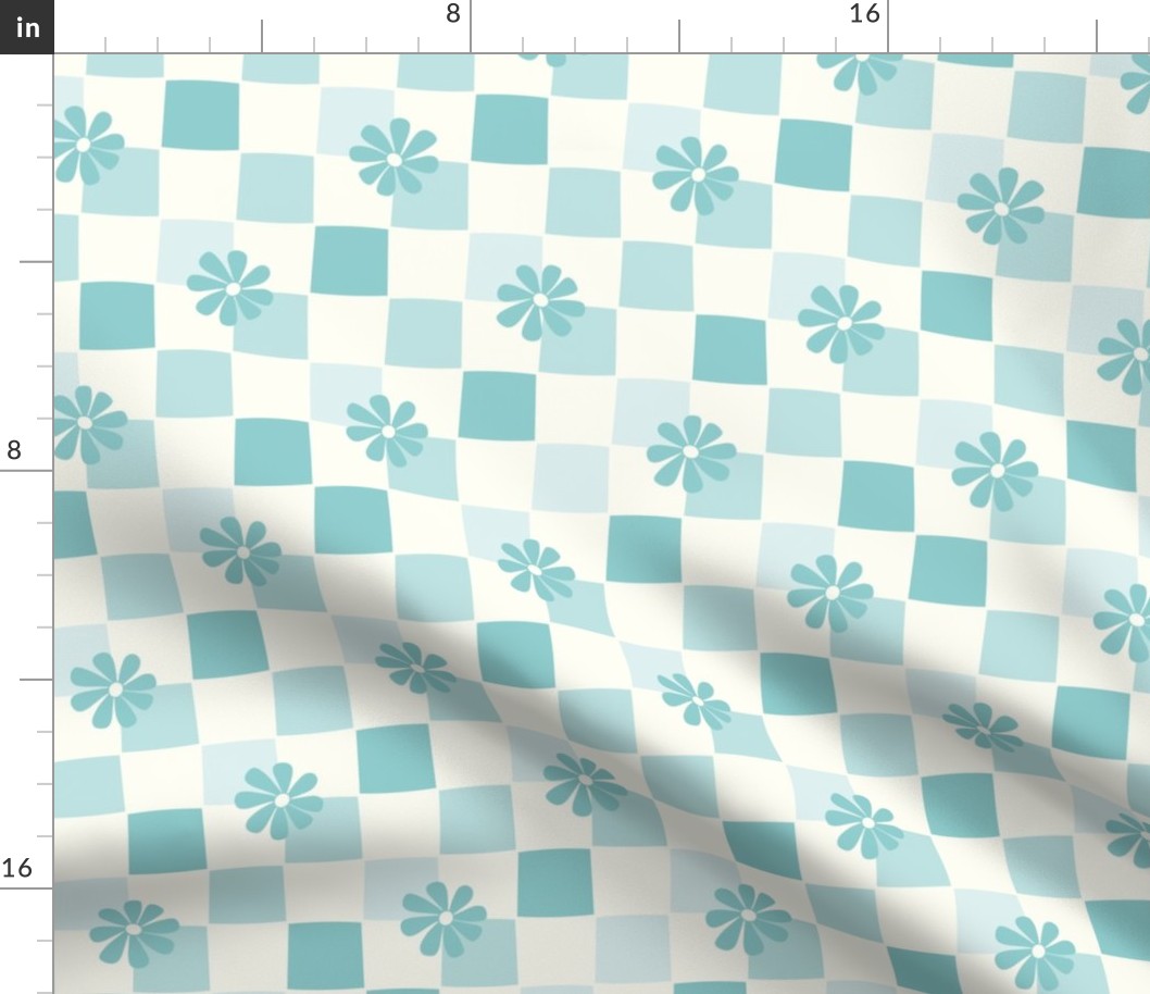 Boho Daisy Checkerboard aqua blue and natural white by Jac Slade