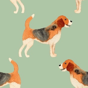 Large hand painted watercolor beagles on matcha green for kids, baby and home decor
