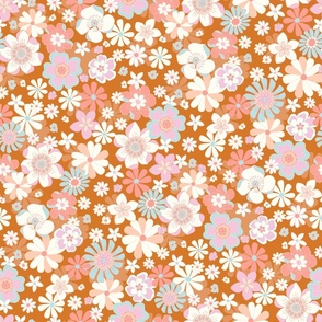 Retro Boho Meadow Flowers Brown coral pink blue by Jac Slade