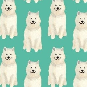 Small Watercolour Samoyed dogs on turquoise