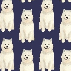 Small Watercolour Samoyed dogs on navy blue