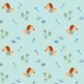 Small watercolor coastal dogs and daisies on light blue for kids and pets