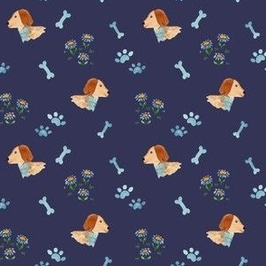 Small watercolor coastal dogs and daisies on navy blue for kids and pets