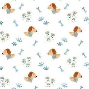 Small watercolor coastal dogs and daisies on white for kids and pets
