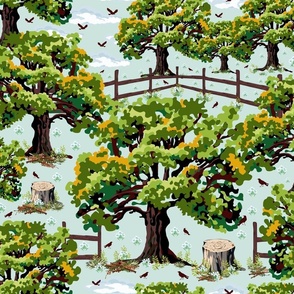 Modern Vintage Tree English oak trees with Tranquil Countryside Vibes, Natures Foliage in Lush Green on Blue