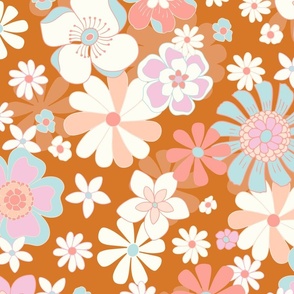 Retro Boho Meadow Flowers Brown coral pink blue by Jac Slade