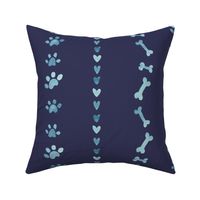 watercolor bones paw prints and hearts on navy blue / large stripe /for dog and pets