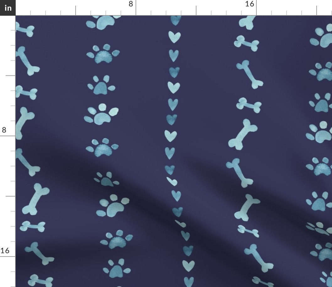 watercolor bones paw prints and hearts on navy blue / large stripe /for dog and pets