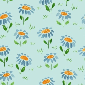 blue watercolor daisies on light blue mint green