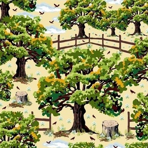 Vintage Foliage English oak trees with Tranquil Countryside Vibes, Natures Rich Foliage in Lush Green on Yellow