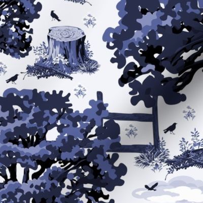 Modern Toile De Jouy English Oak Trees with Tranquil Countryside Vibes, Natures Foliage in Inky Blue, Blue and White Countryside Estate Parkland, Tranquil Country Tree Landscape, Wild Birds Flying, Inky Blue Monochrome Oak Tree Farmhouse Trees and Birds