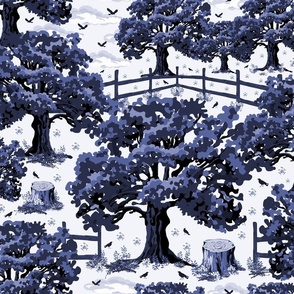 Modern Toile De Jouy English Oak Trees with Tranquil Countryside Vibes, Natures Foliage in Inky Blue