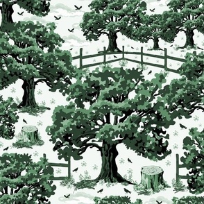 Modern Toile De Jouy English Oak Trees with Tranquil Countryside Vibes, Natures Foliage in Emerald Green