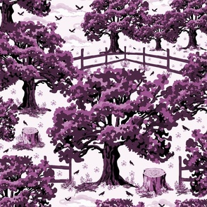 Blackberry Monochrome Toile De Jouy Oak Trees with Tranquil Countryside Vibes, Natures Foliage in blackberry Pink