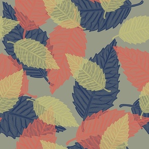 Coastal Chic - Leaves Navy_ Coral Orange and Dill Green on Lichen Green