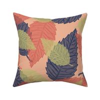 Coastal Chic - Leaves Navy_ Coral Orange and Dill Green on Pastel Salmon