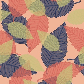 Coastal Chic - Leaves Navy_ Coral Orange and Dill Green on Pastel Salmon