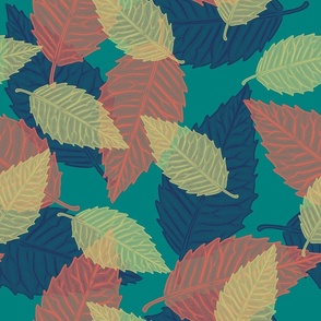 Coastal Chic - Leaves Navy_ Coral Orange and Dill Green on Sea Green