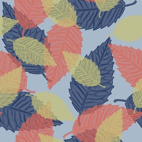 Coastal Chic - Leaves Navy_ Coral Orange and Dill Green on Blue Grey