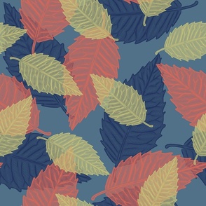 Coastal Chic - Leaves Navy_ Coral Orange and Dill Green on Admiral Blue