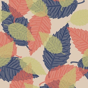 Coastal Chic - Leaves Navy_ Coral Orange and Dill Green on Dessert Sand