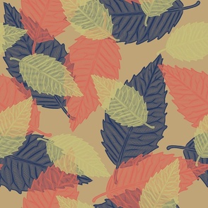 Coastal Chic - Leaves Navy_ Coral Orange and Dill Green on Dark Ivory