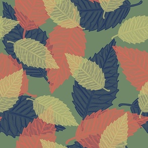 Coastal Chic - Leaves Navy_ Coral Orange and Dill Green on Seaweed Green