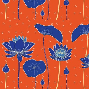 Batik Type Blue Lotus on Orange Background