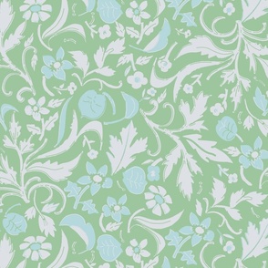 LARGE: Whimsical Victorian like florals in soft light blue white colors on light green