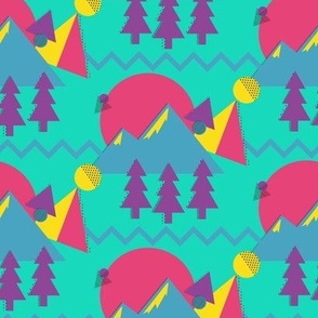 1980s Color Block Abstract Mountains Forest and Stream