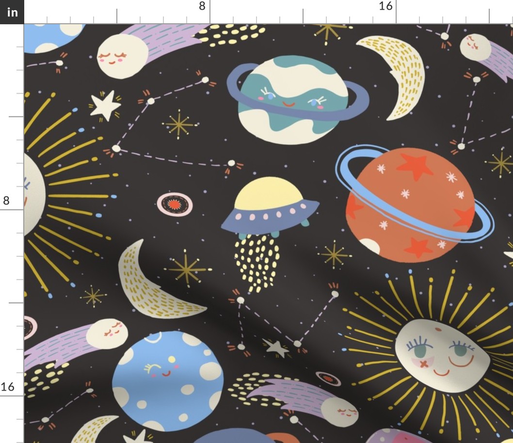 LARGE: Colorful Outer Space, stars, comets and planets on dark background