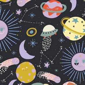 LARGE:Colorful Outer Space, stars and planets on dark background