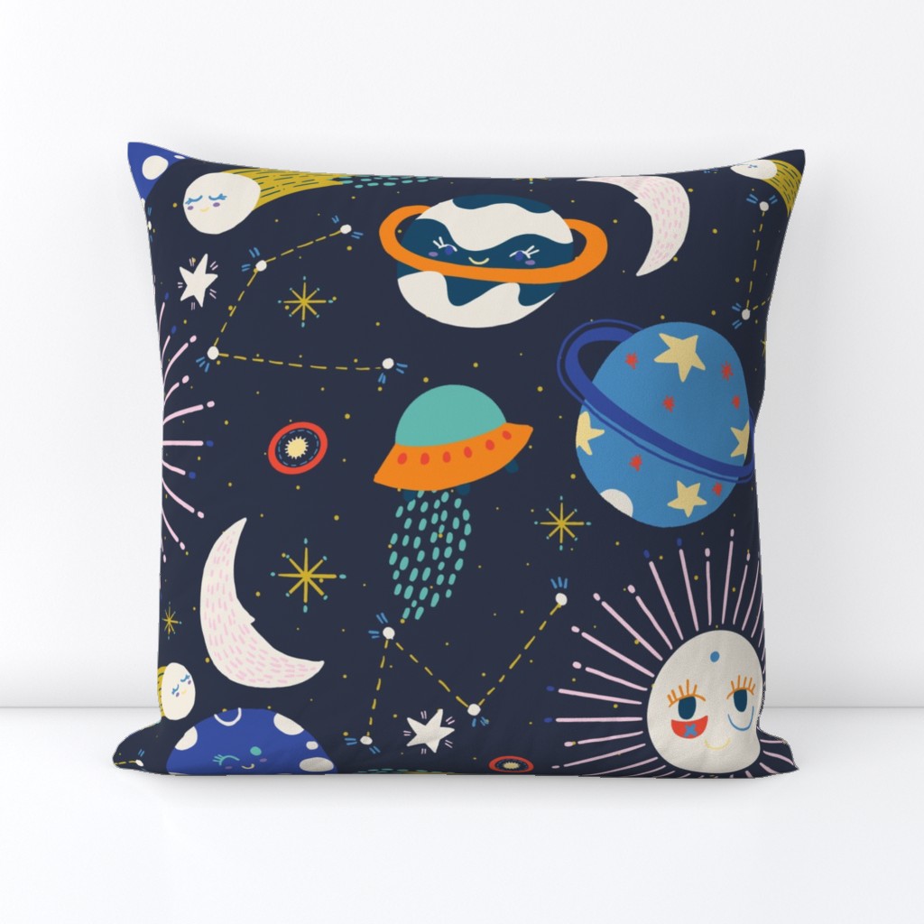 LARGE: Colorful Outer Space, stars and planets with dark blue background